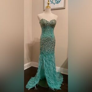 010 Embellished Teal Gown with Feather Details